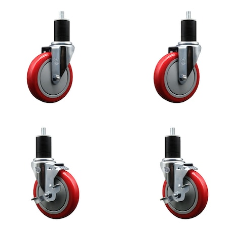 Service Caster 5'' SS Red Poly Wheel Swivel 1-3/4'' Expanding Stem Caster Set 2 Brakes, 4PK SCC-SSEX20S514-PPUB-RED-2-TLB-2-134